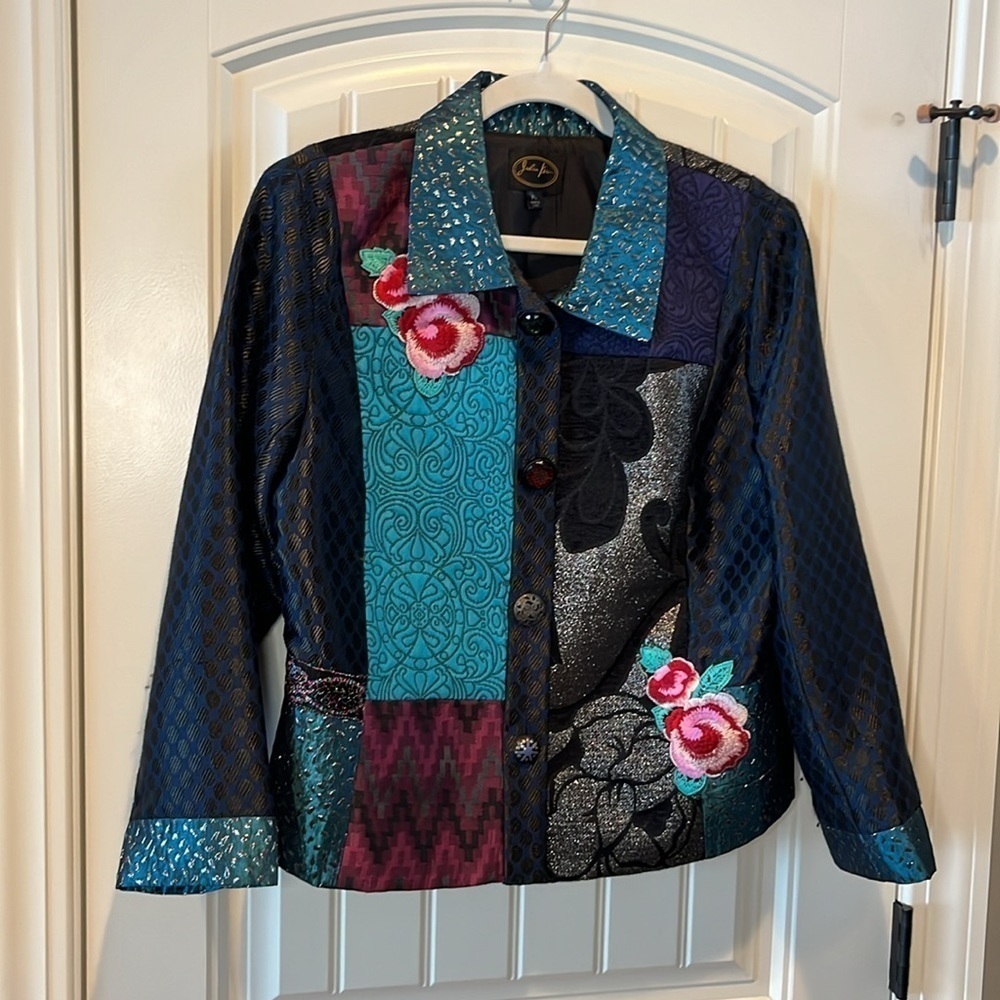 Mixed media art to wear artsy boho hippie maximalist blazer jacket Petite L